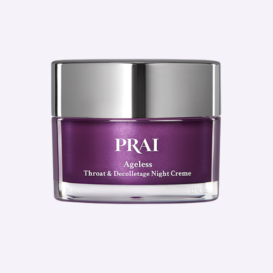 PRAI Beauty Ageless Throat & Decolletage Night Creme in 50ml jar, featuring retinol for firming and smoothing the neck and décolletage area.
