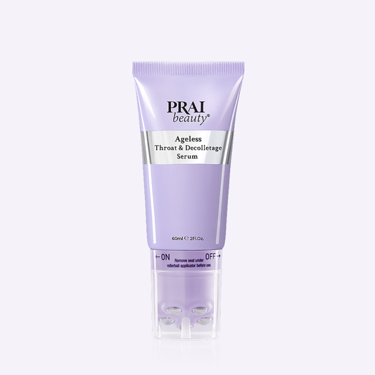 PRAI Beauty Ageless Throat & Decolletage Serum in 60ml bottle, showcasing sleek packaging and product label.