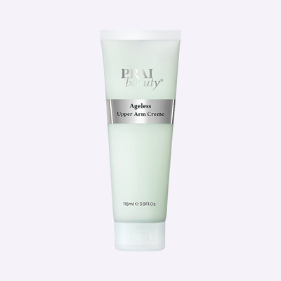 PRAI Beauty Ageless Upper Arm Creme in a 115ml jar, with a smooth, elegant design and the product label visible.