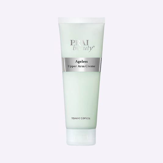 PRAI Beauty Ageless Upper Arm Creme in a 115ml jar, with a smooth, elegant design and the product label visible.