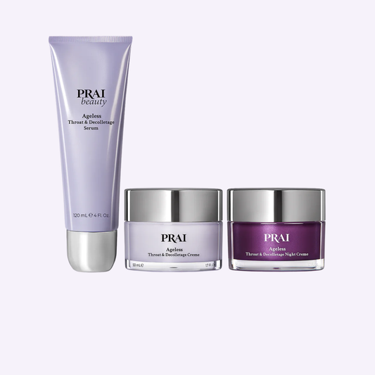 PRAI Beauty Love Your Neck Kit featuring two 50ml bottles of Ageless Throat treatment for skin revitalization.