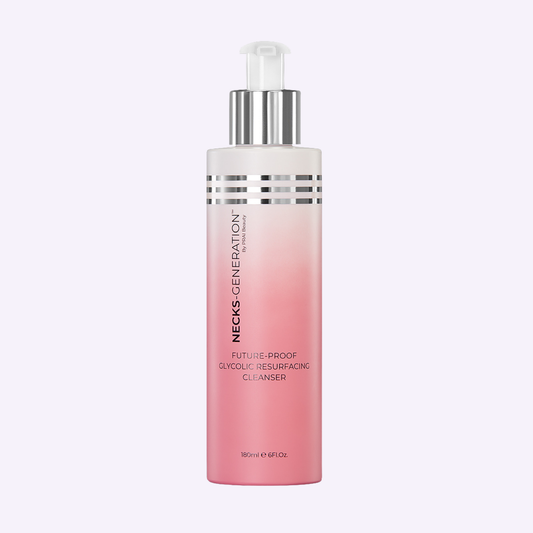 PRAI Beauty Necks-Generation Future-Proof Glycolic Resurfacing Cleanser in a 180ml bottle, showing the product and packaging.