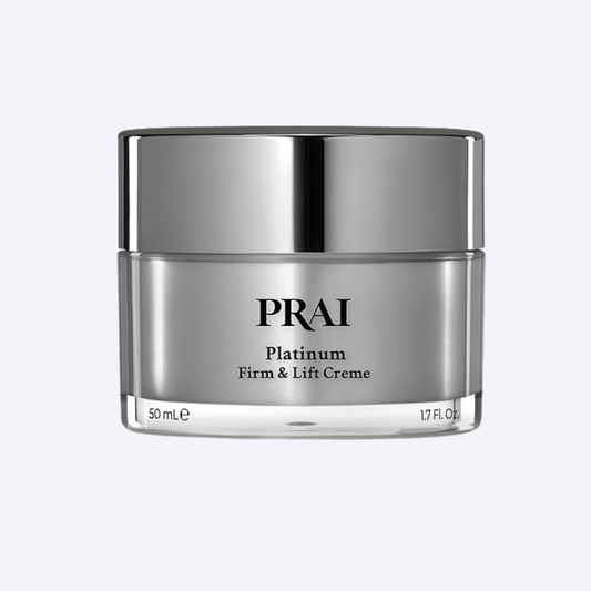 PRAI Beauty Platinum Firm & Lift Creme jar, 50ml, showcasing the luxurious platinum skincare cream with elegant packaging.
