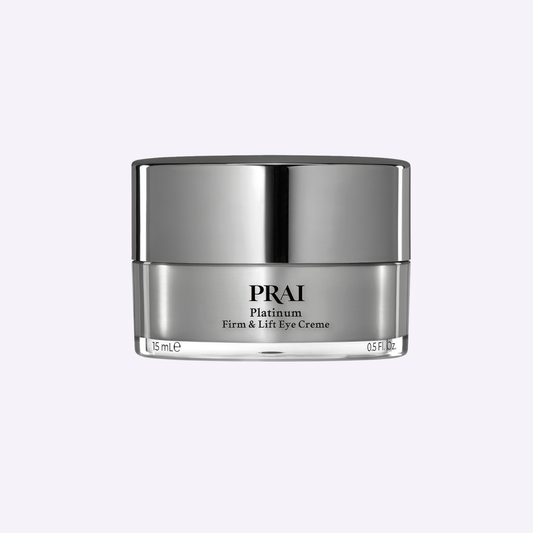 PRAI Beauty Platinum Firm & Lift Eye Creme in 15ml jar, showing the luxurious packaging and creamy eye treatment formula.