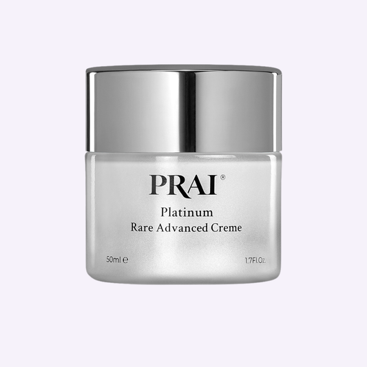 PRAI Beauty Platinum Rare Advanced Creme in a 50ml jar, luxurious platinum skincare cream with a smooth, elegant texture.