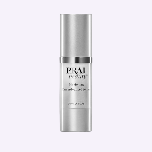 PRAI Beauty Platinum Rare Advanced Serum in a sleek 30ml bottle, showcasing the luxurious platinum skincare product.