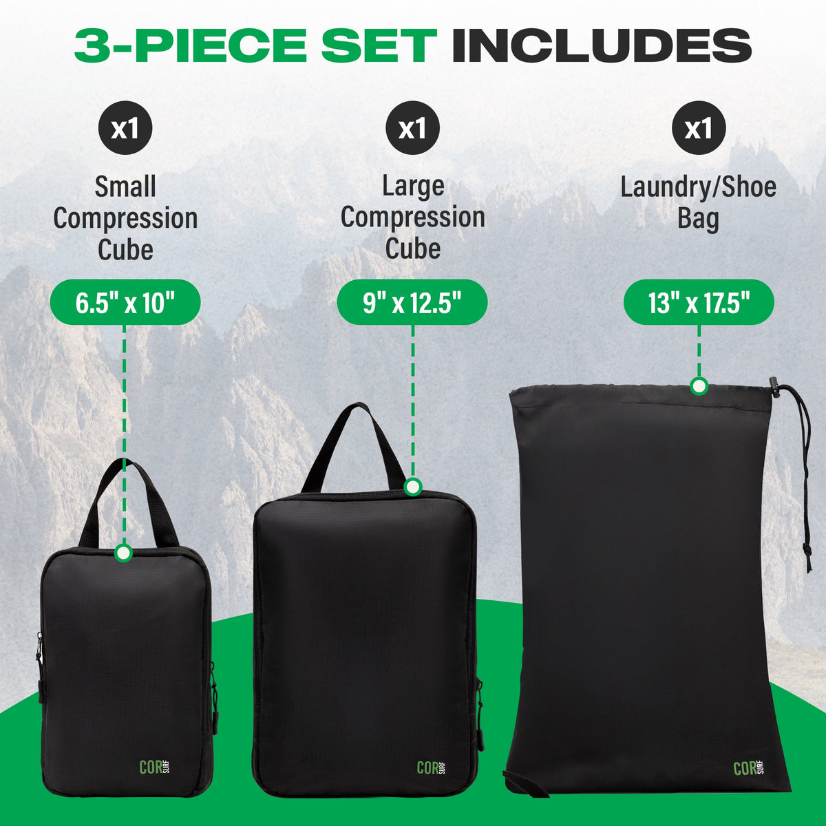 Set of three COR Surf compression packing cubes for travel organization, showing various sizes and fabric texture.