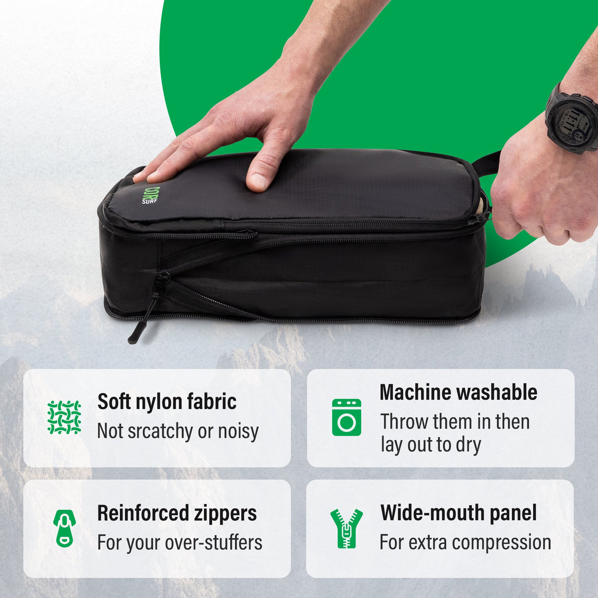 COR Surf compression packing cube set showing organized travel accessories with compression features for efficient packing.