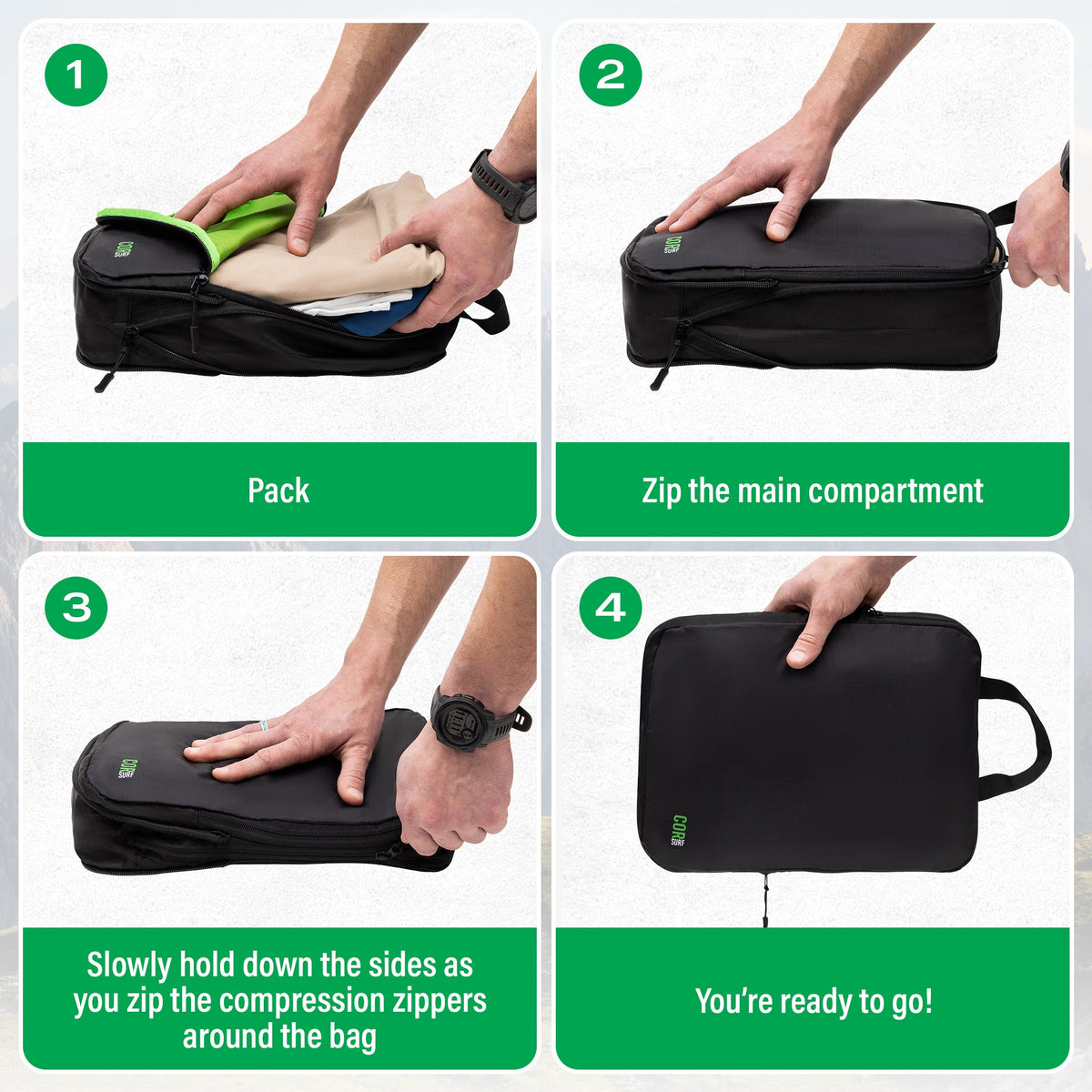 COR Surf compression packing cube set showing step-by-step compression process for efficient luggage organization.