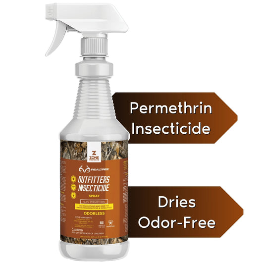 Zone Protects Realtree Outfitter's Permethrin Spray 32oz insecticide bottle with spray nozzle for outdoor insect control.