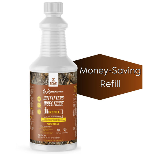 Zone Protects Realtree Outfitter's Permethrin insecticide refill in a 32oz bottle, suitable for outdoor insect protection.