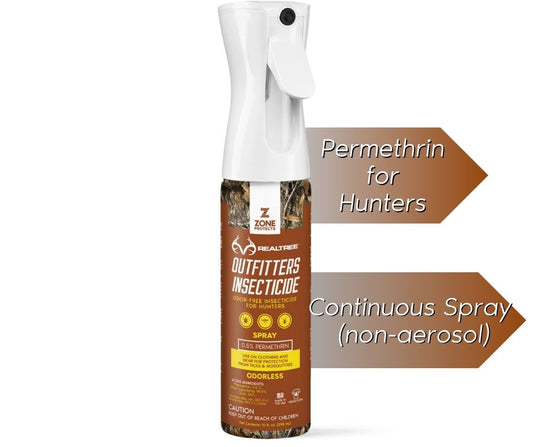 Zone Protects Permethrin insecticide spray in 10oz bottle, ideal for hunters to repel ticks and insects outdoors.