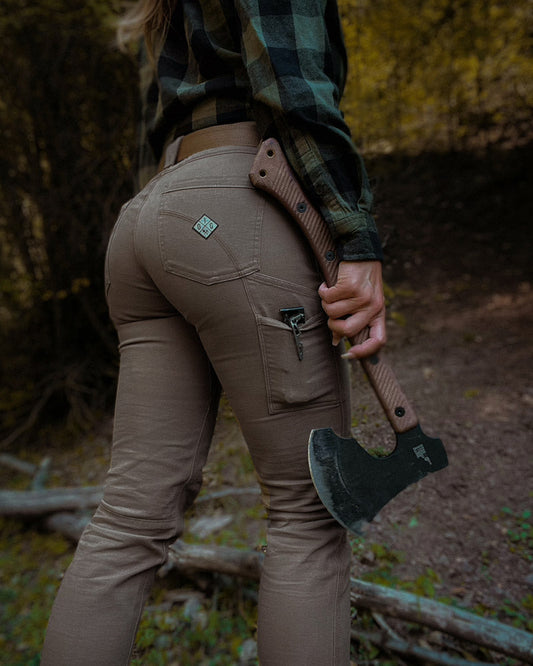 Kestral Women's Deadwood Pants by Off The Grid Surplus, brown rugged women's pants with functional pockets and durable fabric.