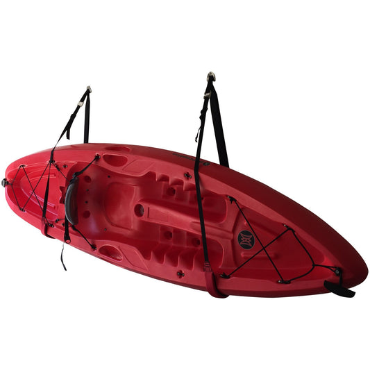 Adjustable COR Surf kayak or paddleboard wall storage sling mounted on wall, holding a kayak securely for easy storage.