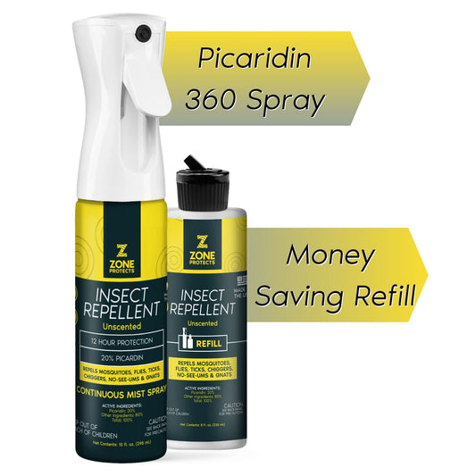 Zone Protects insect repellent spray and refill with Picaridin, unscented mist in a compact bottle for effective bug protection.