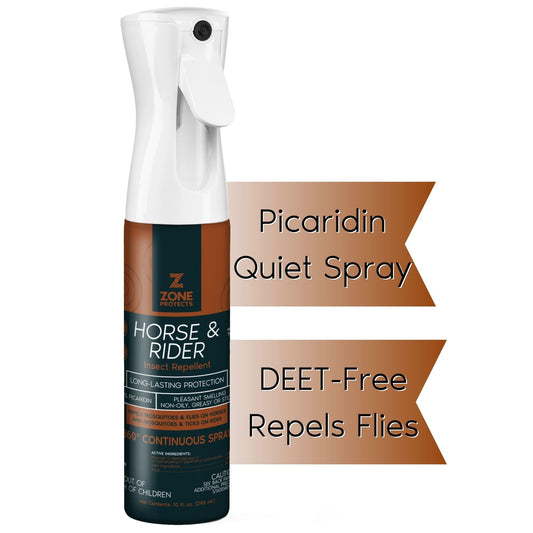 Zone Protects horse and rider insect repellent spray with Picaridin and DEET-free formula, shown in the image.