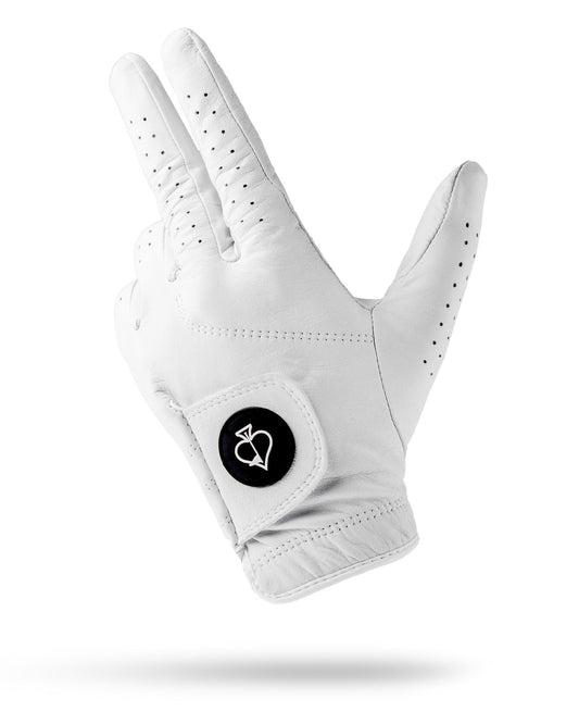 Pins and Aces Premium Tour Glove in Ghost White, close-up of the high-quality golf accessory with breathable material and secure fit.