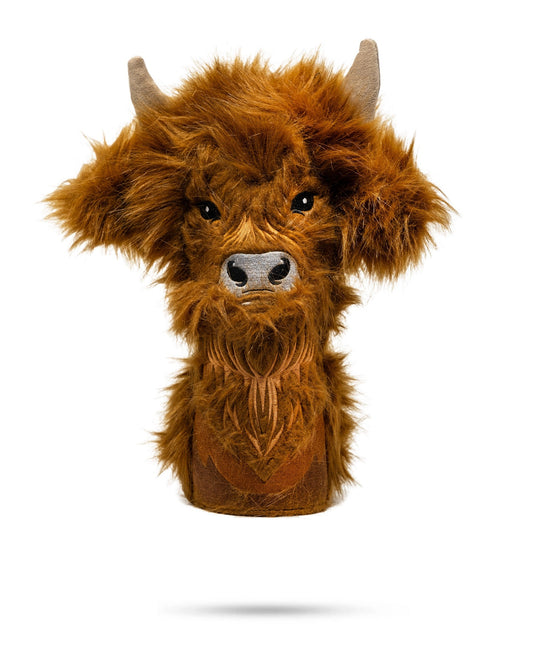 Highland Cow driver cover by Pins and Aces, a whimsical golf headcover designed to fit a driver club.