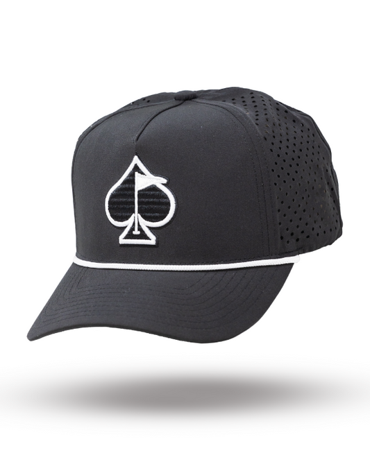 Black perforated rope hat by Pins and Aces, stylish accessory with breathable design and casual rope detail.