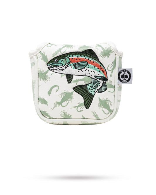Pins and Aces Trout Mallet Putter Cover displaying a colorful trout design, designed to protect mallet putters during golf play.