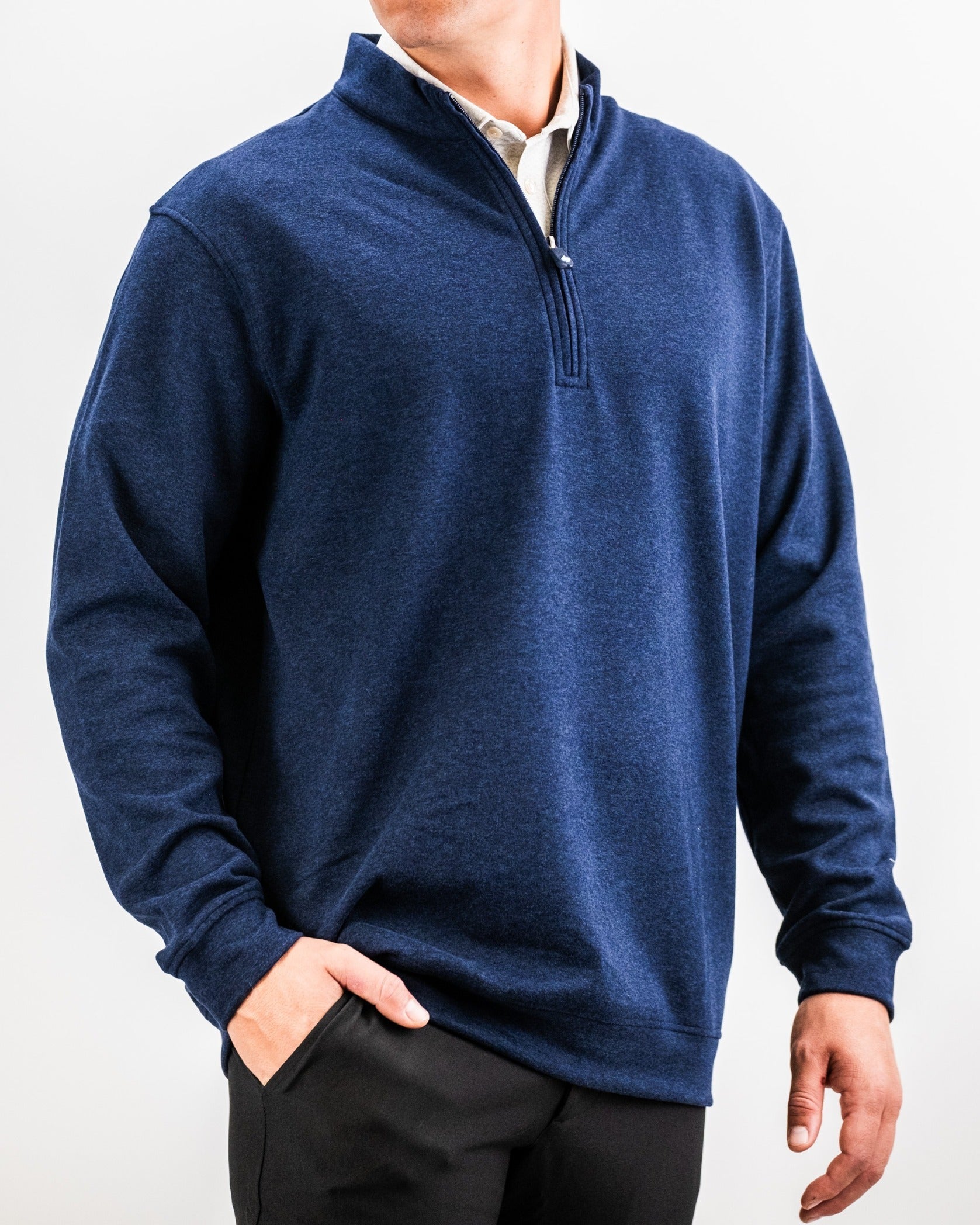 Men's Heathered Navy Player Preferred™ Pullover by Pins and Aces, casual outerwear with a soft, textured fabric and relaxed fit.