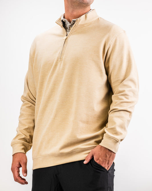 Men's Player Preferred™ Pullover in Sand, Pins and Aces men's outerwear, showing a comfortable, casual pullover with a zip collar.