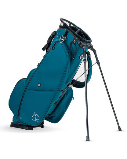 Player Preferred™ Sea Strike golf bag by Pins and Aces with multiple compartments, padded straps, and stylish design for golf enthusiasts.
