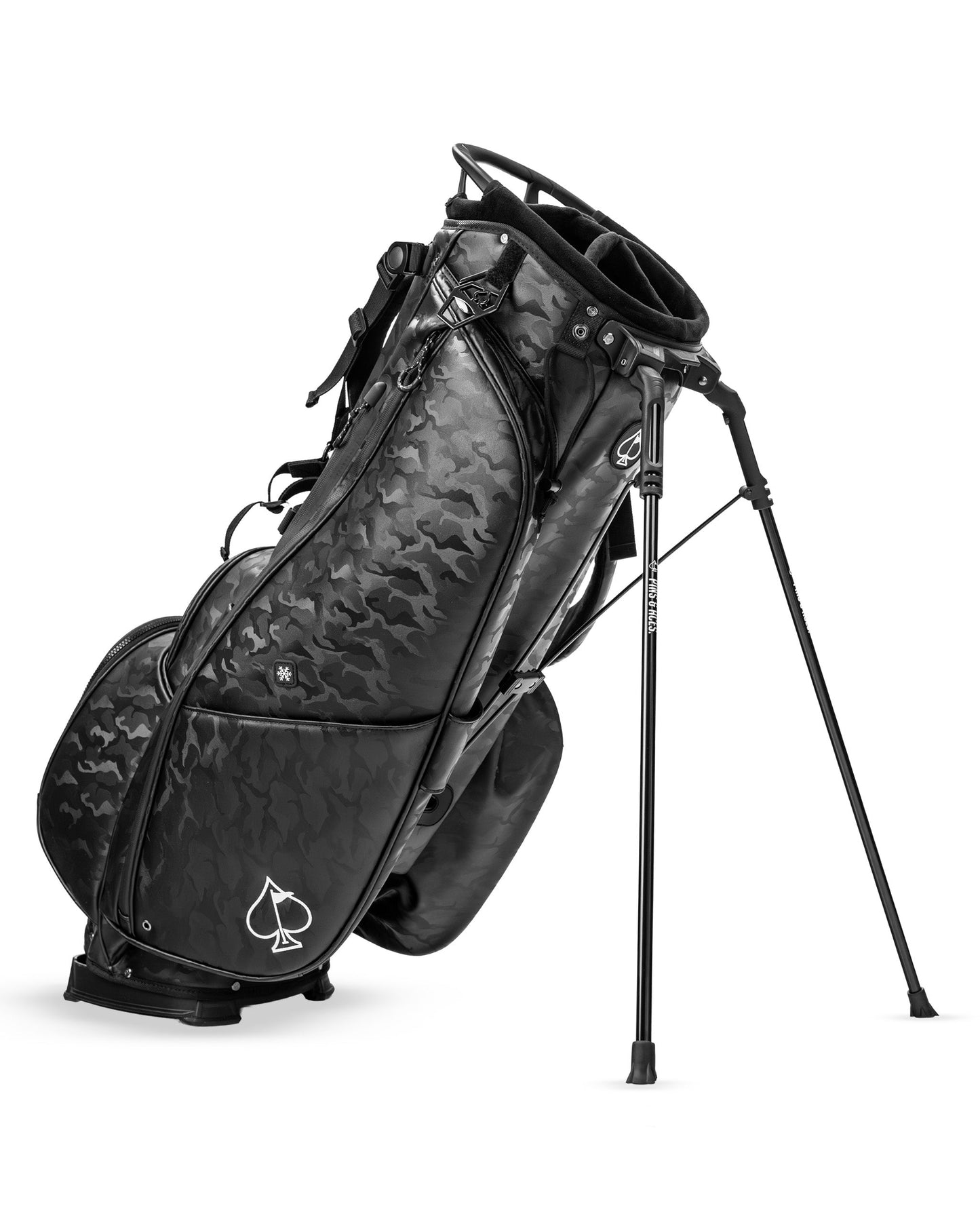 Player Preferred™ Black Camo golf bag by Pins and Aces with multiple compartments and padded straps for easy carrying.