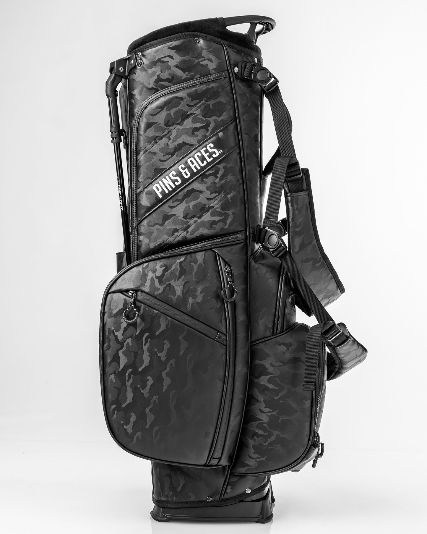 Player Preferred™ Black Camo golf bag by Pins and Aces with multiple compartments and padded straps for easy carrying.