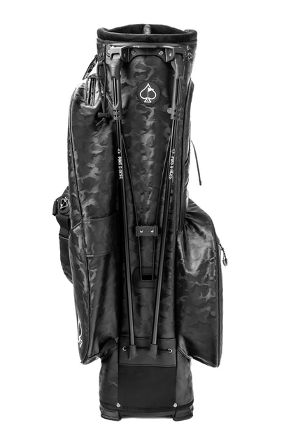 Player Preferred™ Golf Bag in black camo by Pins and Aces, featuring multiple compartments and padded straps for easy carrying.