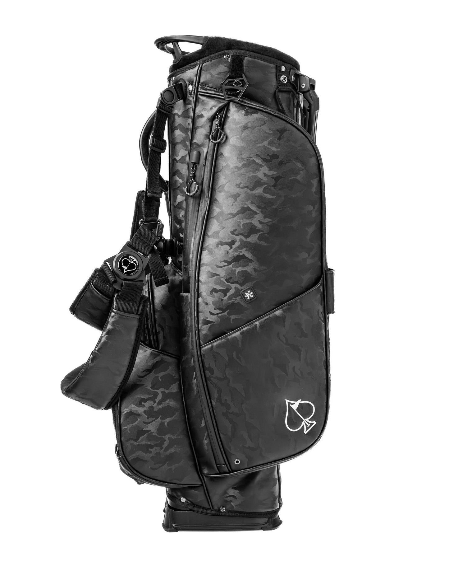 Player Preferred™ Black Camo golf bag by Pins and Aces, featuring multiple compartments and adjustable straps for easy carrying.