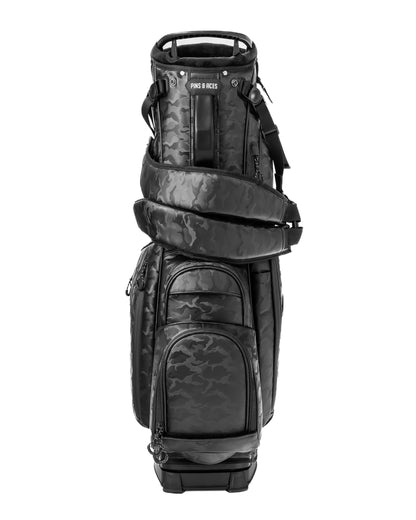 Player Preferred™ Golf Bag by Pins and Aces in black camo design, featuring multiple compartments and comfortable shoulder straps.