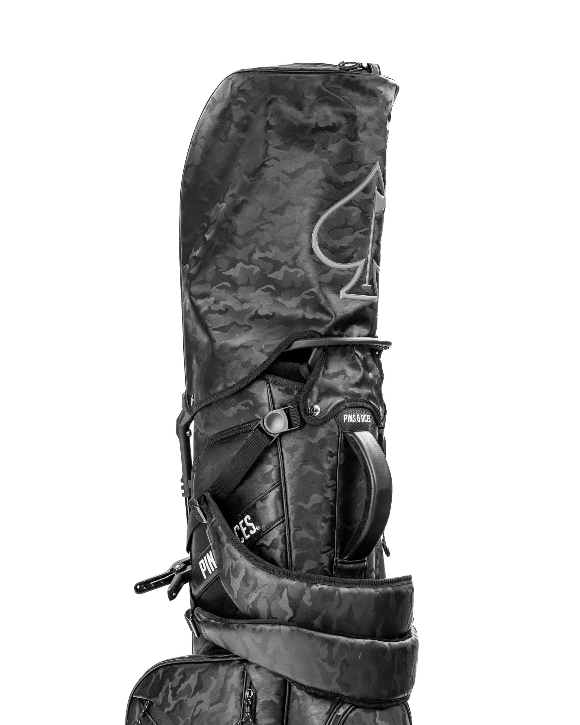 Player Preferred™ Golf Bag in black camo by Pins and Aces, featuring multiple compartments and sturdy straps for easy golf club transportation.