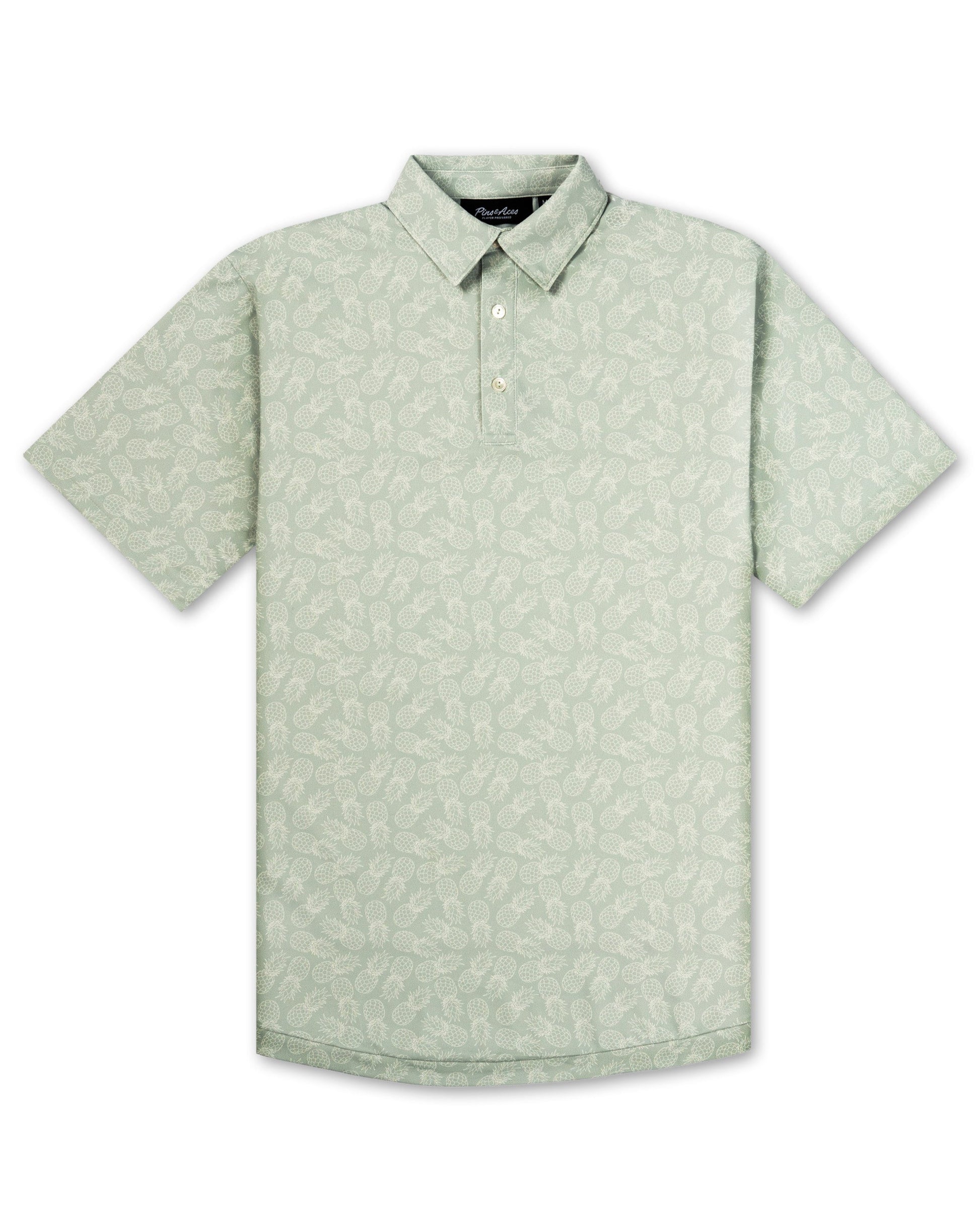 Men's Polo shirt featuring pineapple pattern by Pins and Aces, showcasing vibrant pineapple prints on a casual polo top.