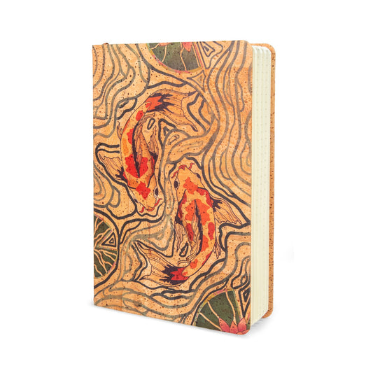 Yoloha Yoga Pond of Harmony cork journal with a natural brown cover and embossed pond design, ideal for notes and journaling.