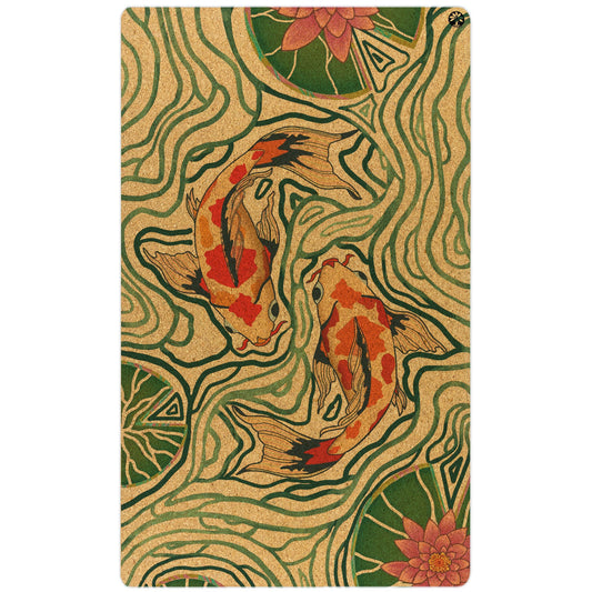 Yoloha Yoga Pond of Harmony Nomad XL cork yoga mat rolled out, showing its textured surface and eco-friendly cork material.