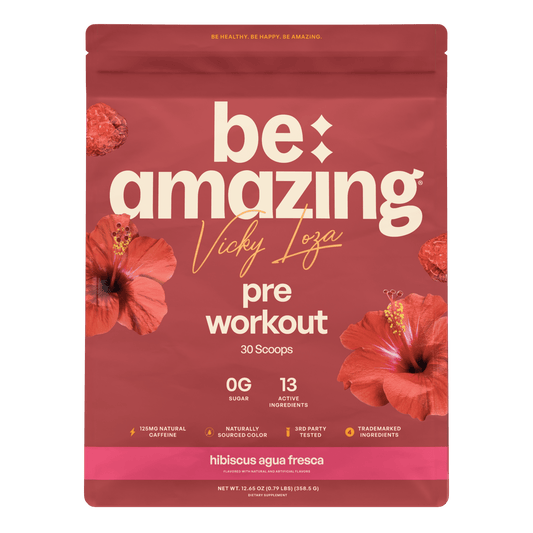 Be Amazing pre-workout supplement container with label, designed for energy and performance enhancement during workouts.