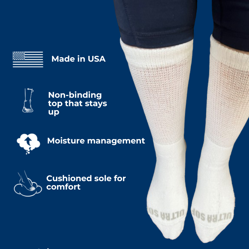 Pair of DSC men's ultra-soft upper calf diabetic socks in white, shown with a focus on the comfortable, seamless design for sensitive feet.