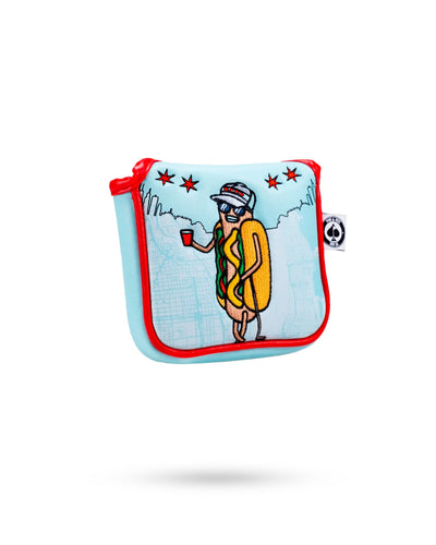 Pins and Aces Chicago Dog mallet putter cover with vibrant design, protects golf club head for mallet putters.