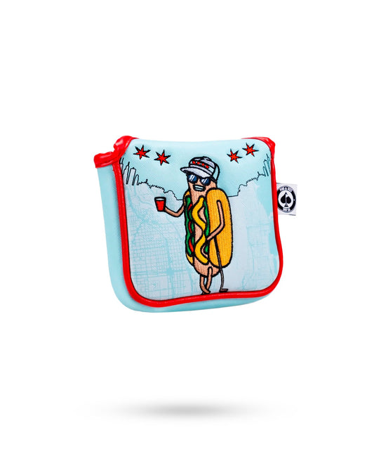 Pins and Aces Chicago Dog mallet putter cover with vibrant design, protects golf club head for mallet putters.