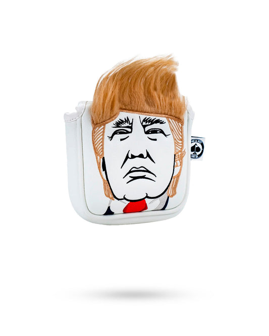 Pins and Aces Trump mallet putter headcover with bold design, protects golf club head, made from durable material.
