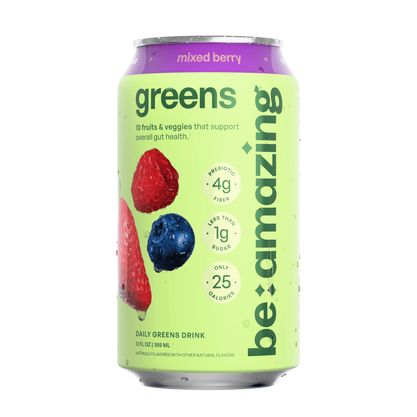 Be Amazing Daily Greens Drink in mixed berry flavor, ready-to-drink (RTD) beverage with vibrant berry visuals.