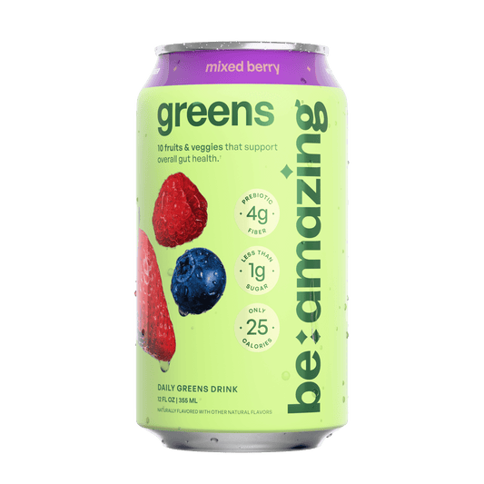 Be Amazing Daily Greens Drink in mixed berry flavor, ready-to-drink (RTD) beverage with vibrant berry visuals.