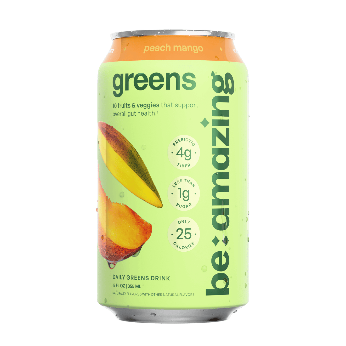 Be Amazing Daily Greens Drink in Peach Mango flavor, ready-to-drink beverage bottle with vibrant label design.