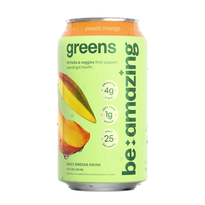 Be Amazing Daily Greens Drink in Peach Mango flavor, ready-to-drink beverage bottle with vibrant label design.