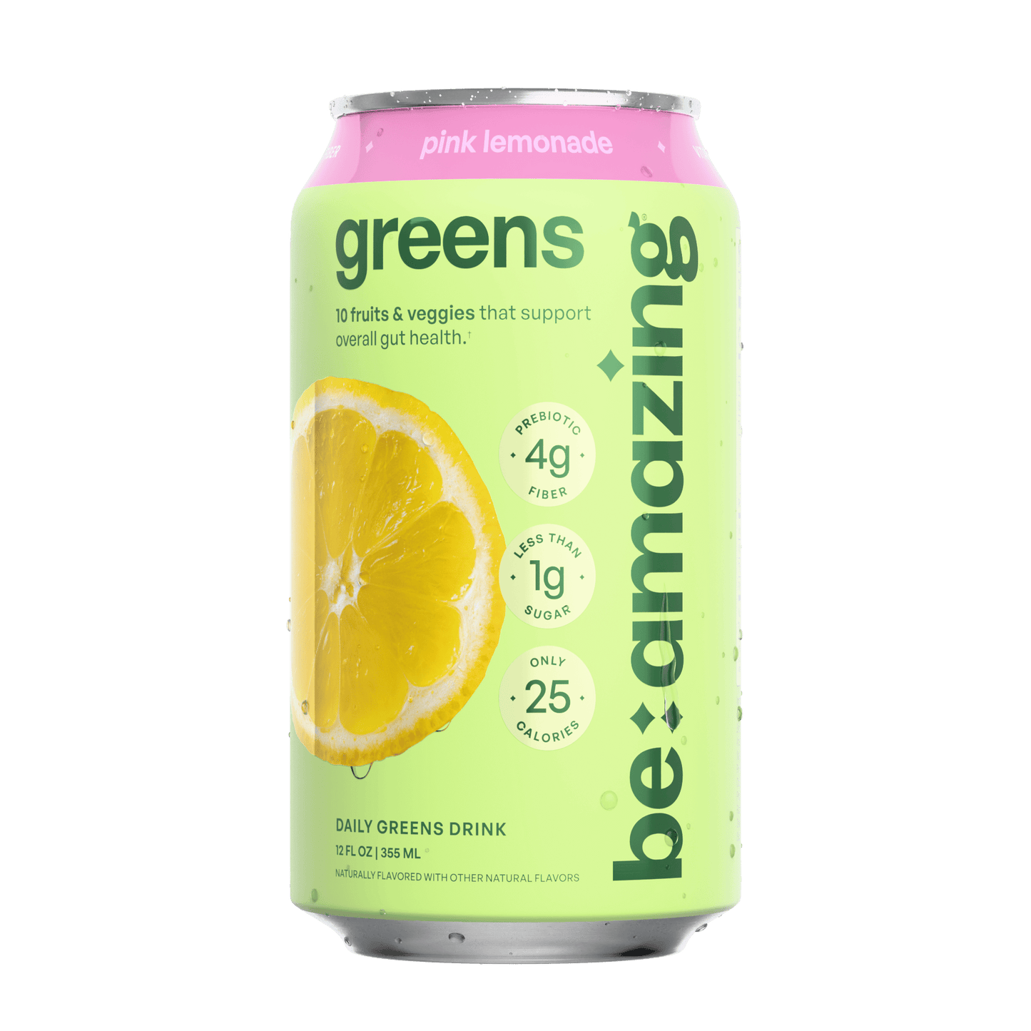 Be Amazing Daily Greens Drink in pink lemonade flavor, ready-to-drink (RTD) beverage with vibrant pink color and fresh fruit appearance.