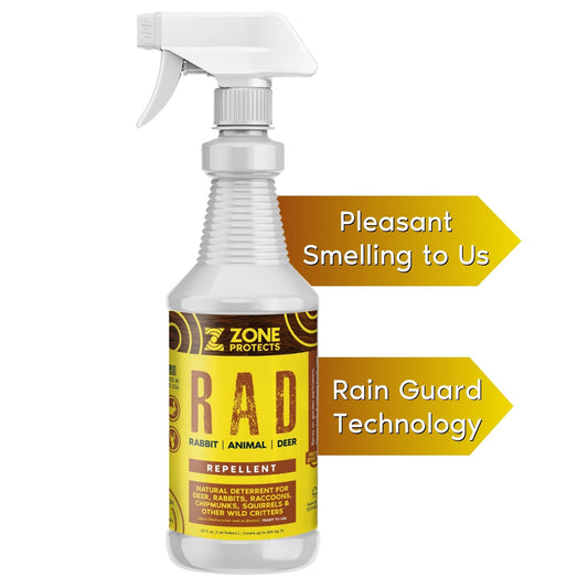 Zone Protects R.A.D. Rabbit and deer repellent spray with RainGuard Technology in a 32oz bottle, designed to protect gardens from animals