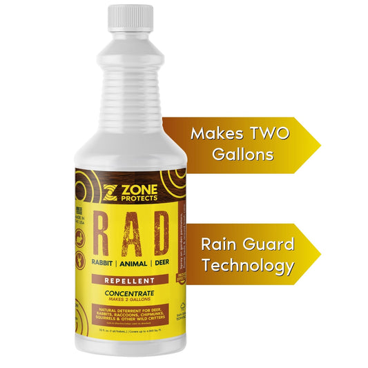 Zone Protects R.A.D. rabbit and deer repellent concentrate bottle with RainGuard Technology for outdoor animal protection.