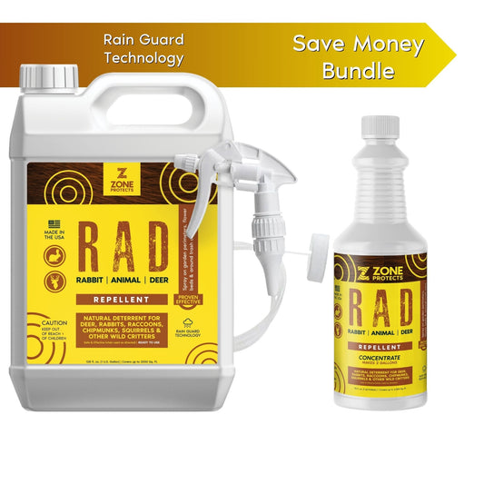 Zone Protects R.A.D. rabbit and deer repellent gallon and concentrate bundle with Rain Guard Technology for animal deterrence.