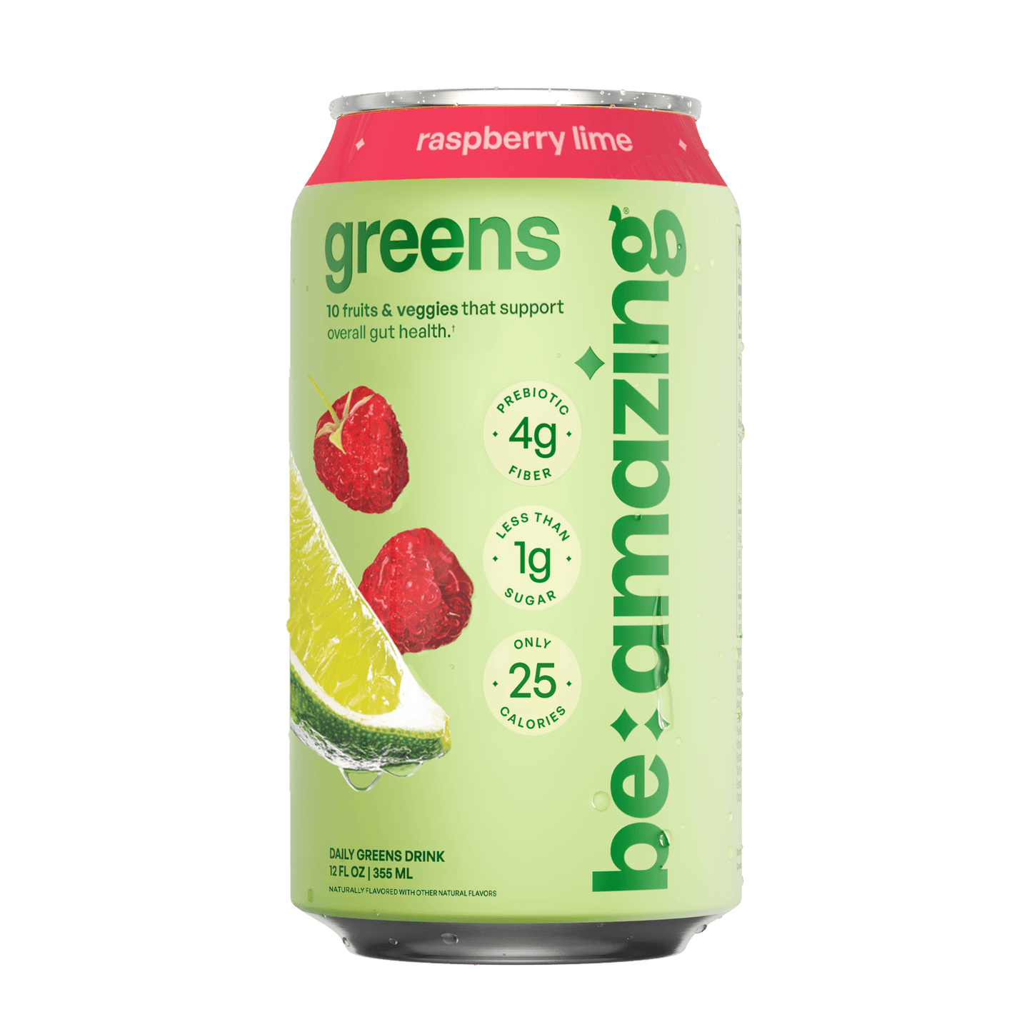 Be Amazing Raspberry Lime Daily Greens RTD drink in a clear bottle, vibrant raspberry and lime flavors visible.